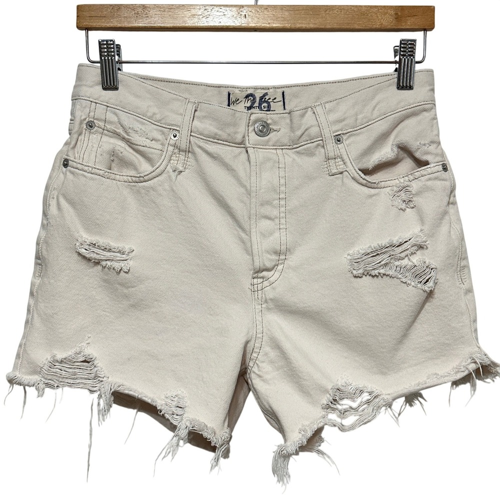 We The Free Denim Shorts Womens 26 Cream Distressed Cut Off High Rise Button Fly